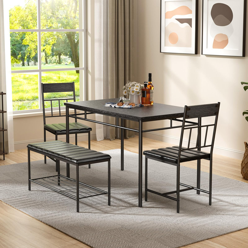 Ensemble de table de salle à manger 4 pièces, table de cuisine avec chaises rembourrées et banc, Black, Black, Black