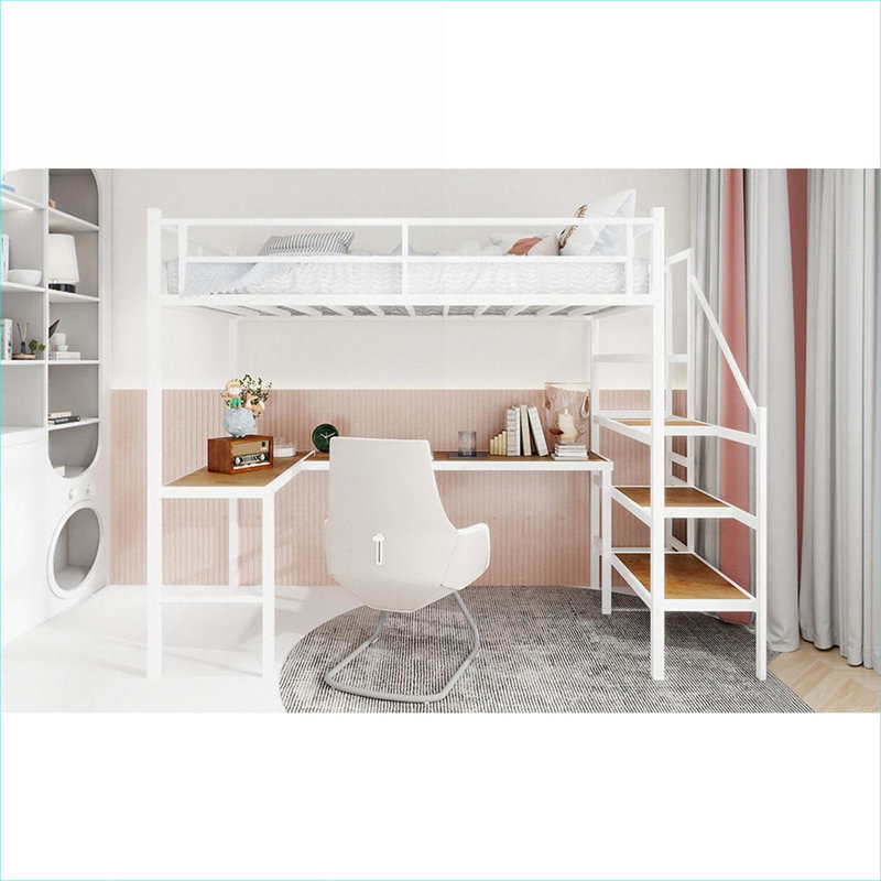 Lit mezzanine simple de taille simple avec bureau intégré en forme de L, construction robuste en fer blanc