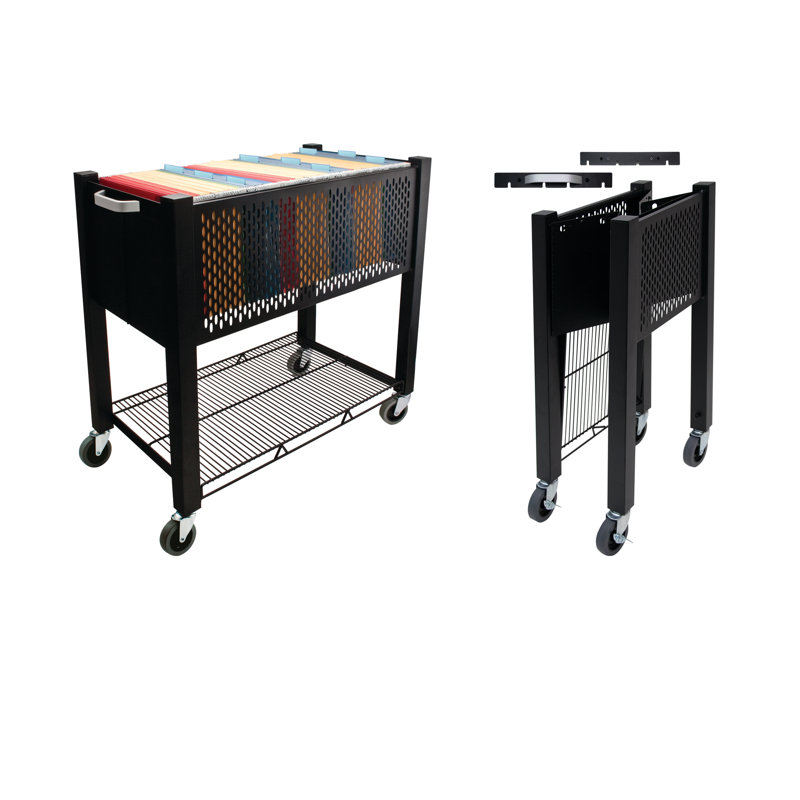 Black Steel Mobile File Cart with Push Handle and Locking Wheels