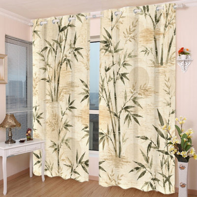 2Pcs Artistic Watercolor Bamboo Print Grommet Blackout Curtains, Elegant Natural Plant Pattern, Polyester Window Drapes, Thermal Insulated & Noise Reducing, Privacy Protection, Decorative Stylish Indoor Home Decor for Living Room, Bedroom