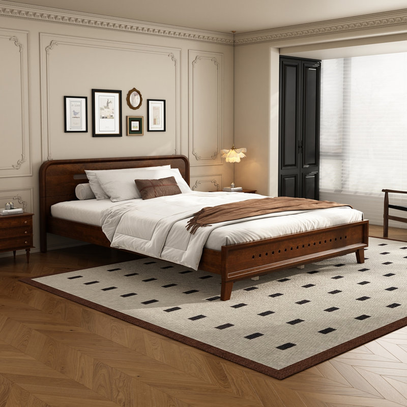 PINE SOLID WOOD QUEEN SIZE BED, SOLID AND STABLE, NO BOX SPRING NEEDED, Dark Walnut, Queen