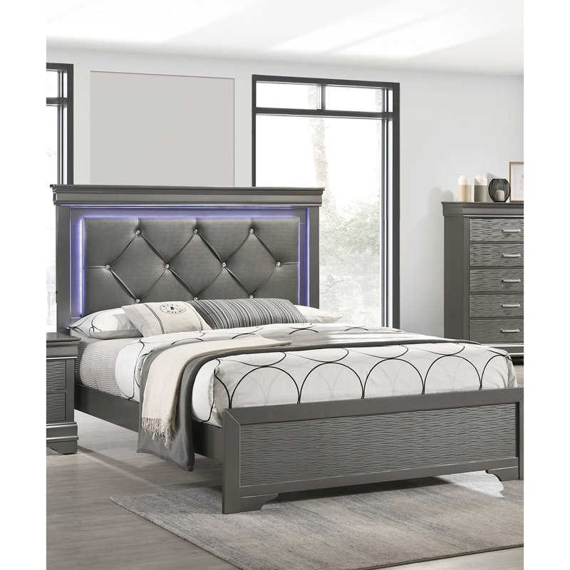 Lit pour grand lit en bois massif avec tête de lit en similicuir gris foncé ultra moderne et cadre