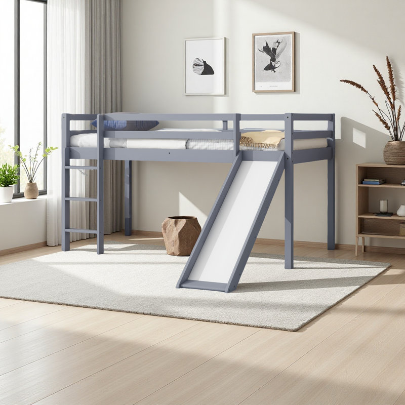 Lit simple mezzanine bas avec glissade, échelle, barrières de sécurité, lit mezzanine simple en bois d'hévéa, Gris