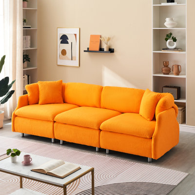 3 sièges modernes avec velours de 95,3 pouces, tissu orange et coussins décoratifs charmants pour un espace de vie en velours, magnifique décor magnifique