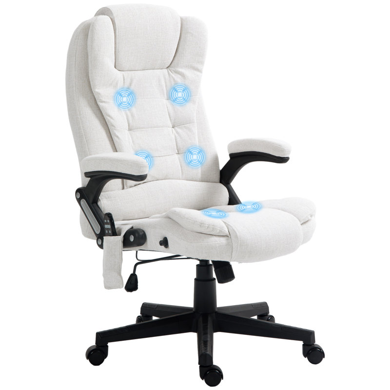 Fauteuil de bureau à massage à haut dossier avec 6 points de vibration, Lin lin, Blanc, crème
