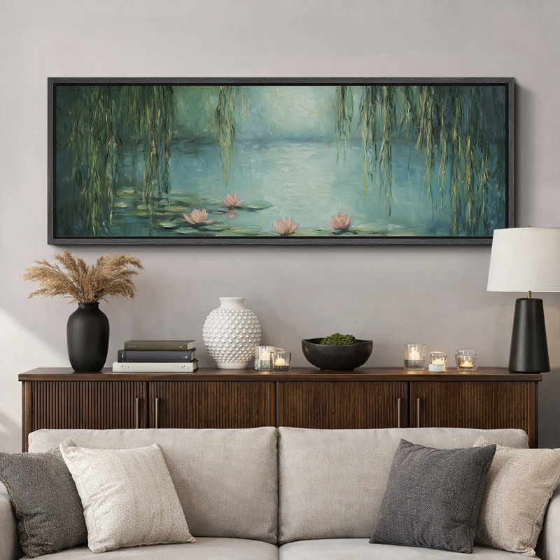 «Serene Water Lily Pond Botanical Landscape», très grandes photos, impression sur toile encadrée, H 20 po x l 60 po, Noir