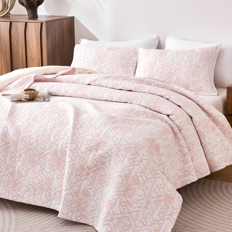 Ensemble de courtepointe en jacquard de coton très grand Sleep Zone 3 pièces pour art abstrait 106 x 96 rose toutes saisons