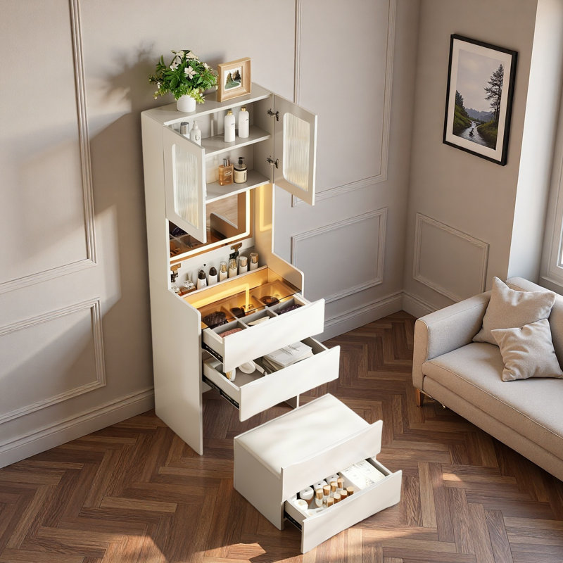 3-in-1 Vanity Table With Led Mirror,  Drawers, Flip-top Compartment And Storage Stool
