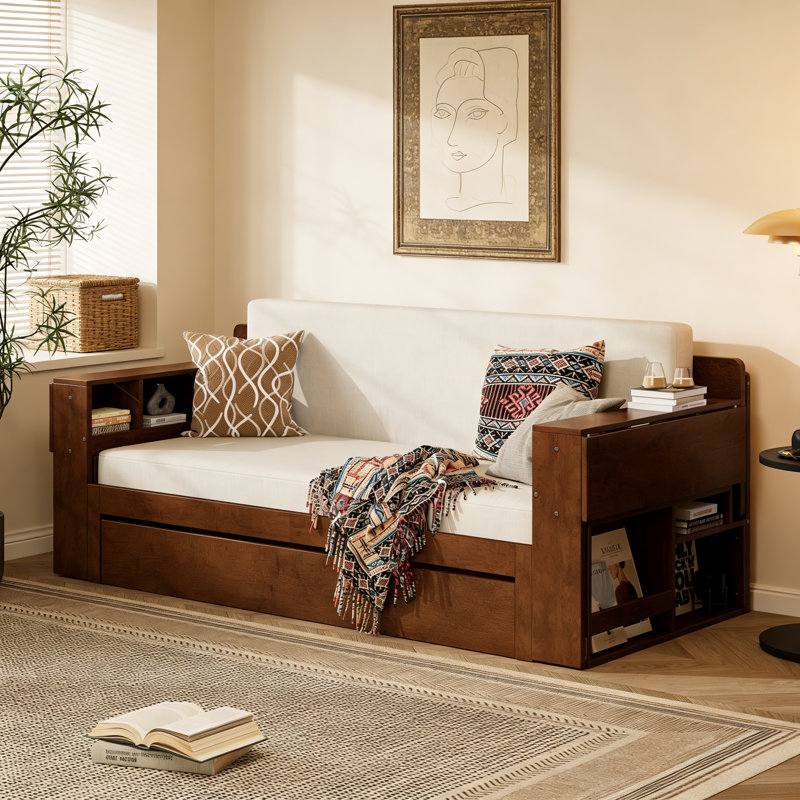Multifunctional Daybed with Removable Desk, Storage Drawers & Hydraulic Side Table, Space-Saving Sofa Bed Frame, Full