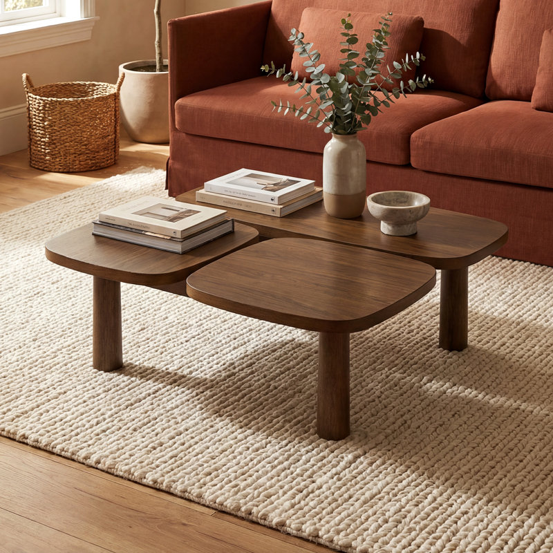 42" Modern Wood Modular Coffee Table With Solid Wood Legs, Ash Veneer Top, Living Room Center Table, Brown