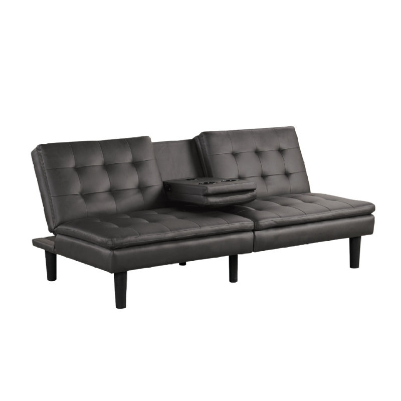 Futon canapé-lit de style contemporain à finition grise convertible en siège capitonné et siège rabattable avec porte-gobelet USB
