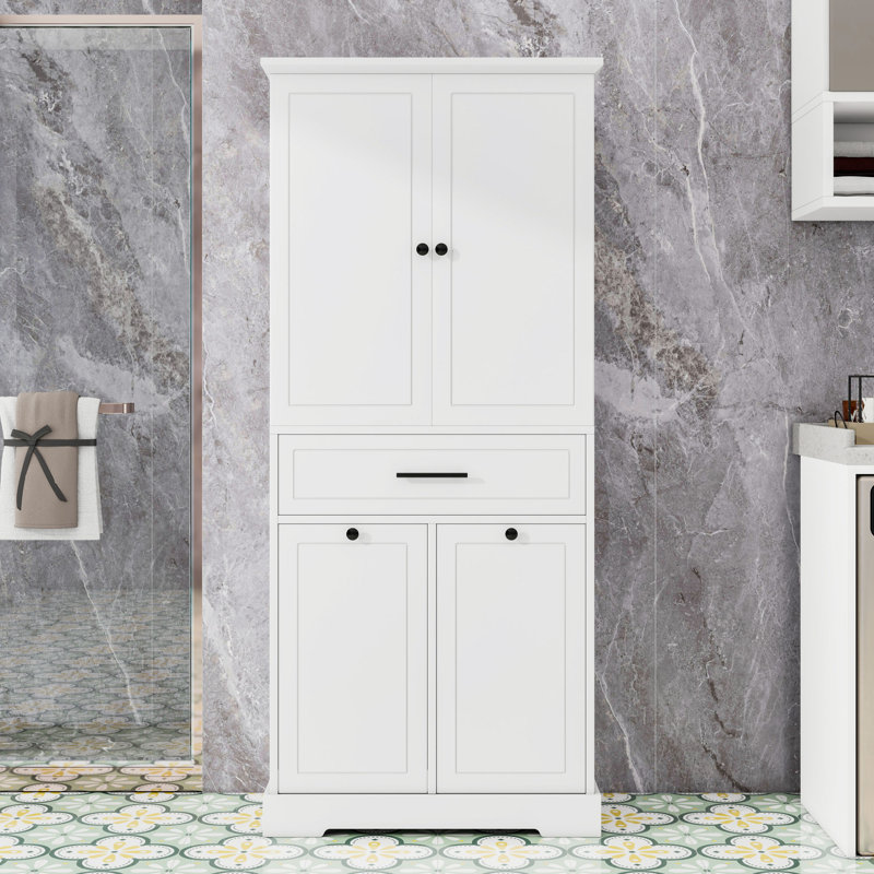 Grande armoire de rangement pour salle de bain avec panier à linge inclinable, tablettes réglables et tiroir