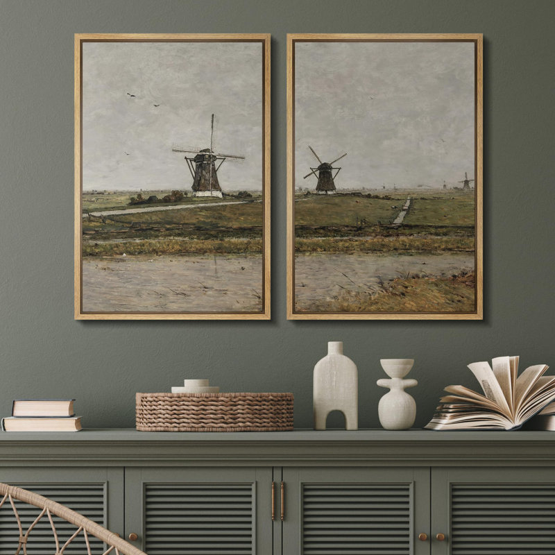 «Rustic Windmills On The Horizon Landscape Landscape», 2 pièces sur toile, Naturel, H 36 po x l 48 po