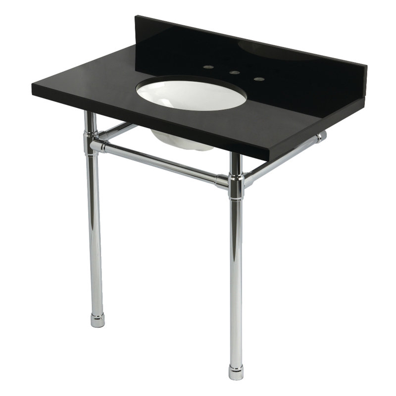 Kingston Brass Dreyfuss 36-Inch Black Granite Console Sink with Stainless Steel Legs (8-Inch, 3-Hole), Polished Chrome