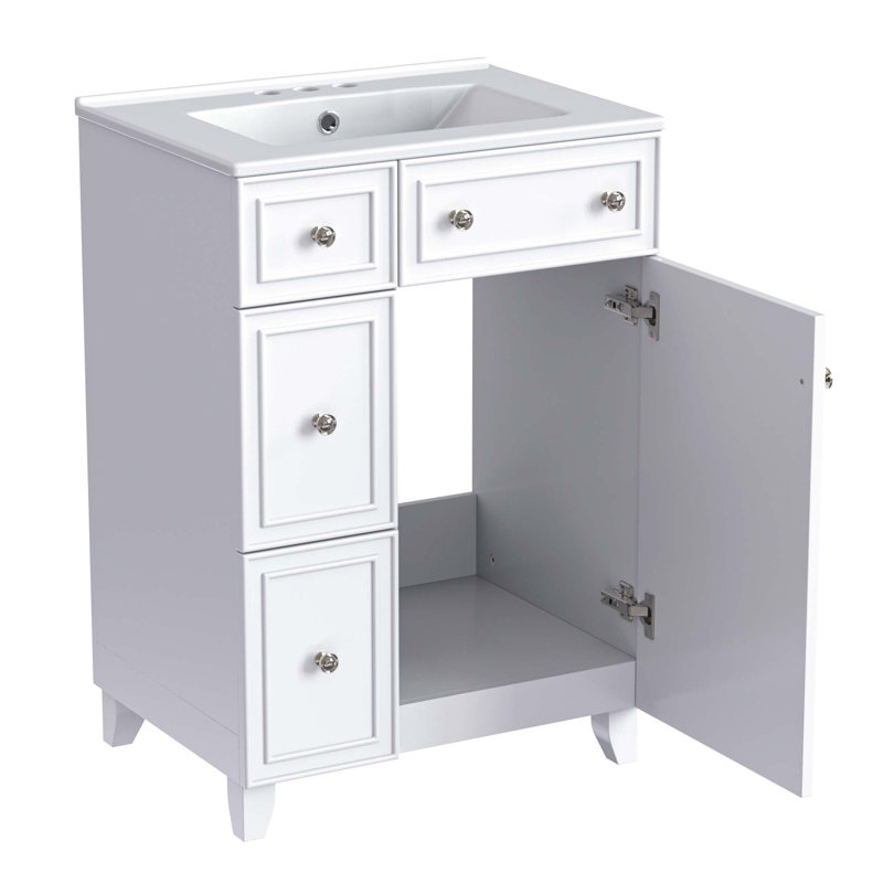 Armoire de salle de bain avec lavabo en céramique, 2 tiroirs et 1 porte, Blanc