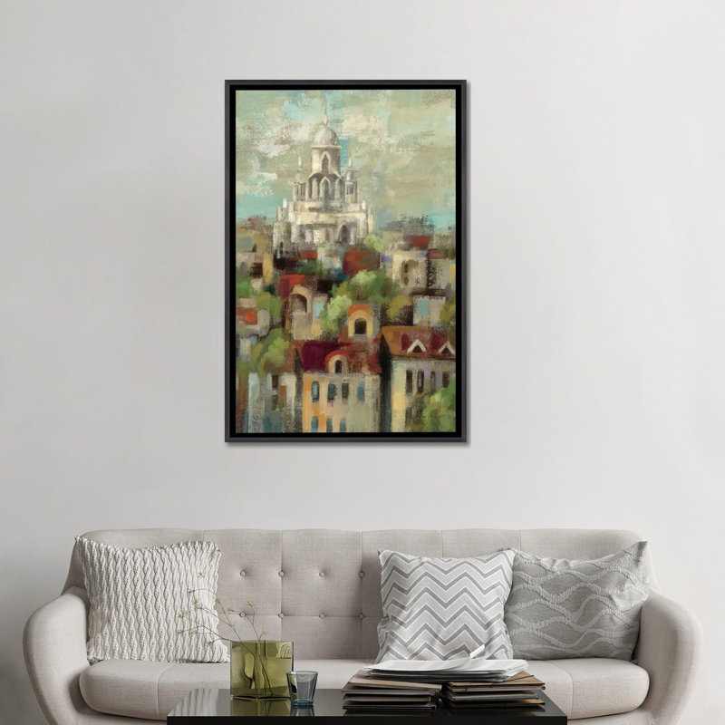 «Cafe in Europe III» par Lisa Audit - impression d'art graphique, Toile avec cadre noir patiné, Aucun mat