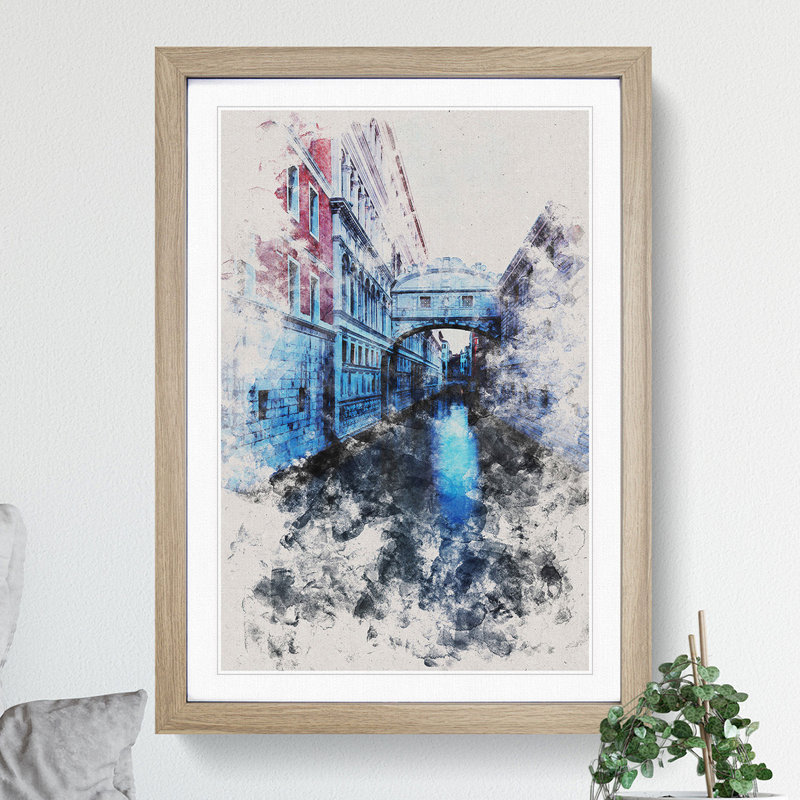 Bridge of Sighs in Venice Italy Watercolour - Picture Frame Graphic Art, 48cm H x 36cm W x 2cm D, Oak