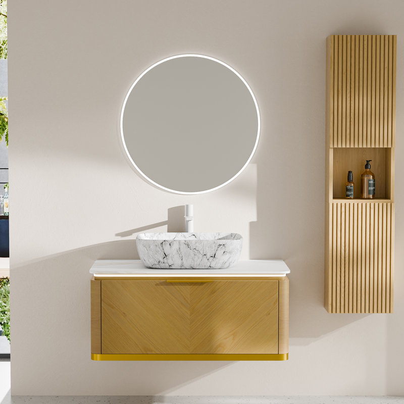 Absher 36'' Floating Oak Bathroom Vanity With Rectangular Marble Sink, Sensor LED & Drawer, Espresso Woodgrain