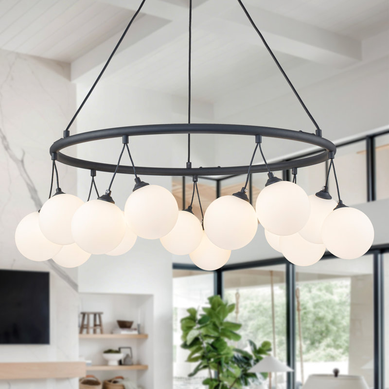 Lustre industriel moderne à 14 lumières avec hauteur réglable, structure en métal noir et globes en verre blanc simple pour salle à manger, salon, vestibule - Homologué UL