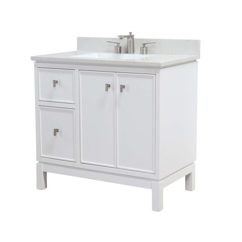 Meuble-lavabo simple avec plateau en quartz, Blanc, Nickel brossé