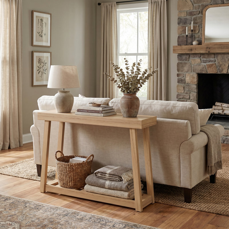 Caomhan Modern Console Table With Slatted Storage Shelf, Oslo Oak