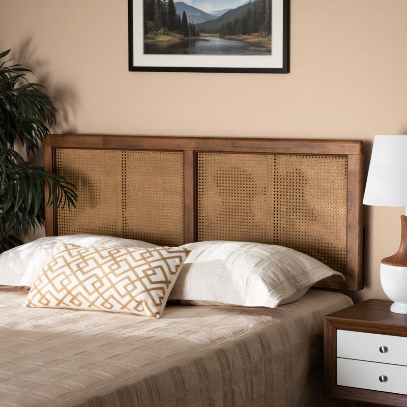 Montrose mid-century modern Rustic Oak Wood Rattan King Size Headboard, 49.8'' H X 77.89'' W X 0.55'' D, King