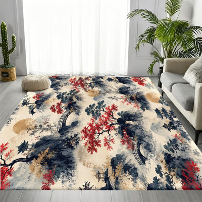 Tapis oriental à motif de pont de pagode oriental, motif d'aquarelle de paysage d'arbre rouge et vert, tapis antidérapant lavable à la machine, décoration intérieure pour salon, chambre à coucher, entrée, cuisine, balcon, appartement