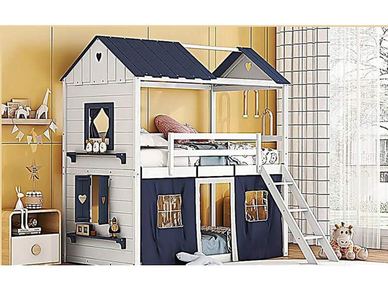 Lit cabine en bois avec fenêtres élégantes, rebords de fenêtre et tente, bleu et blanc, Lit simple