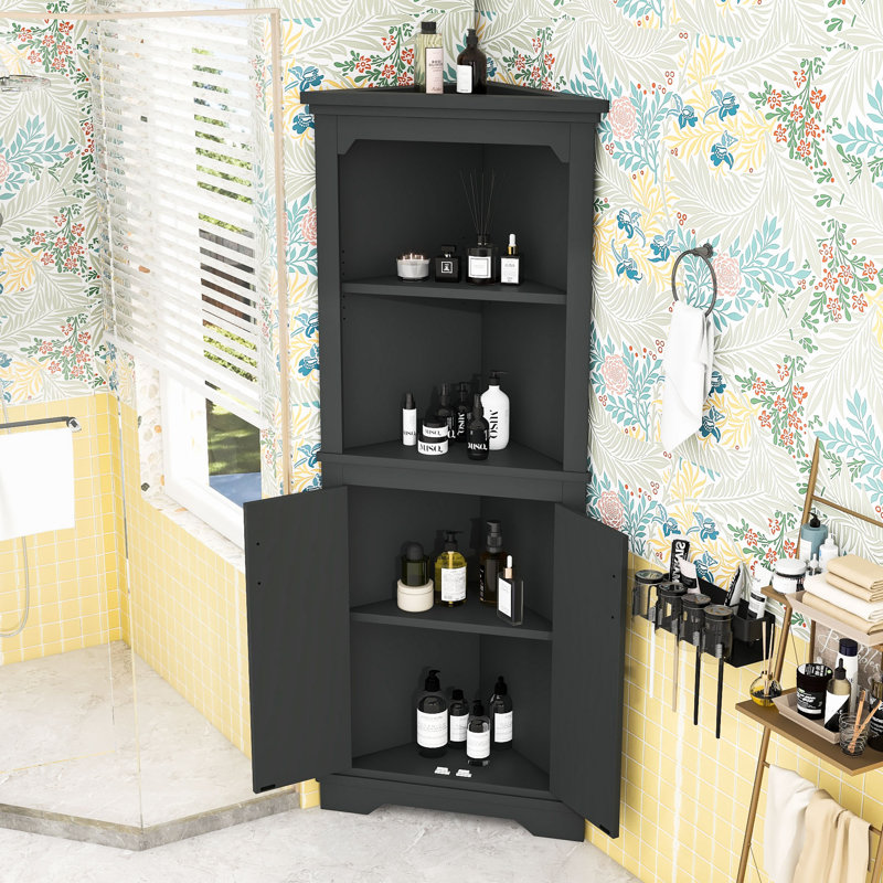 Grande armoire d'angle avec portes, 2 tablettes ouvertes et rangement dissimulé