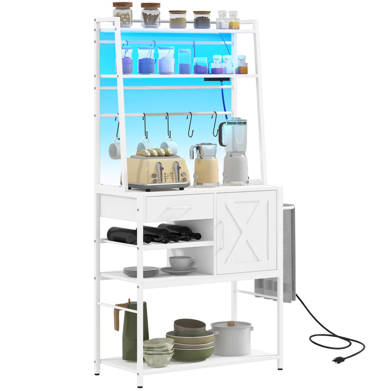 Baker's Rack with Power Outlet and LED Lights, Coffee Bar with Storage Shelves