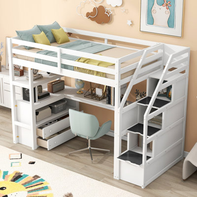 Lit mezzanine simple avec bureau, espace de rangement et tablettes en gris, cadre robuste