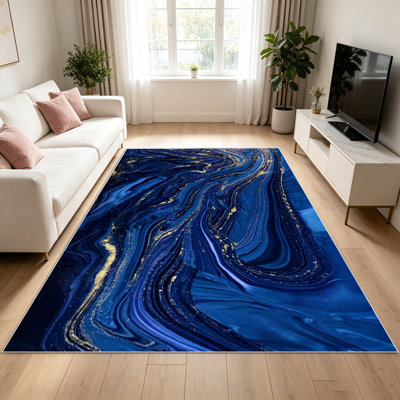1PC Abstract Blue - Gold Marbled Area Rugs for Living Room, Soft and Comfortable, Suitable for all seasons, easy - to - maintain, machine washable Indoor floor mat, Under Table Farmhouse suitable for Bedroom, Dining Room, Study, Hallway, Patio.