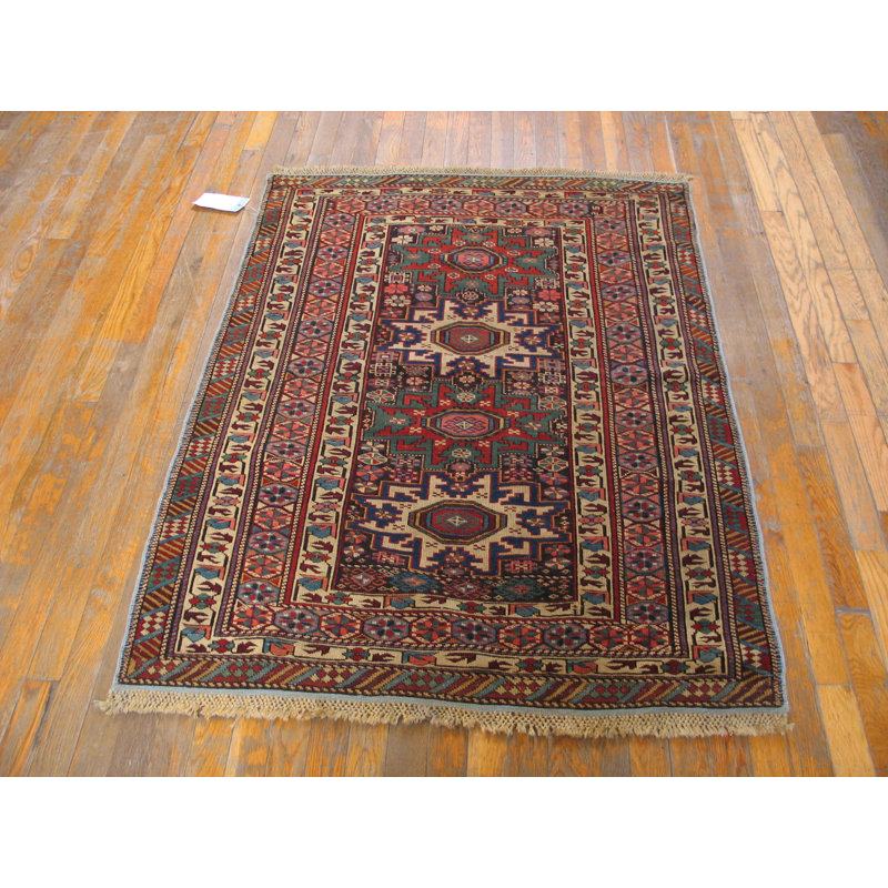 Rectangle Allover Geometric 1890s Blue Antique Hand Knotted Pile Wool Rug