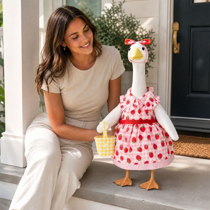 Taie d'oreiller en polyester, ensemble de vêtements pour statue de 58 cm (23 pouces) : jolie robe à carreaux fraise avec bandeau à nœud, tenue décorative pour figurine