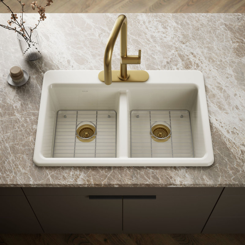 Riverby 33 In. Top-Mount Double-Bowl Kitchen Sink, 3 hole, Biscuit, Double-equal bowls