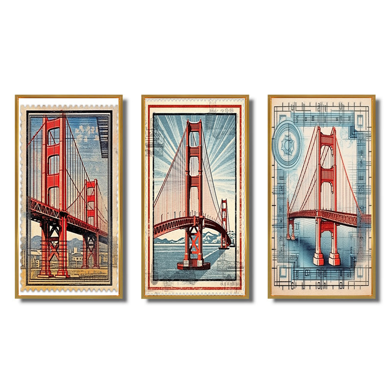 Golden Gate - Illustration rétro de San Francisco - ensemble de 3 pièces, Cadre flottant doré, H 32 po x l 48 po