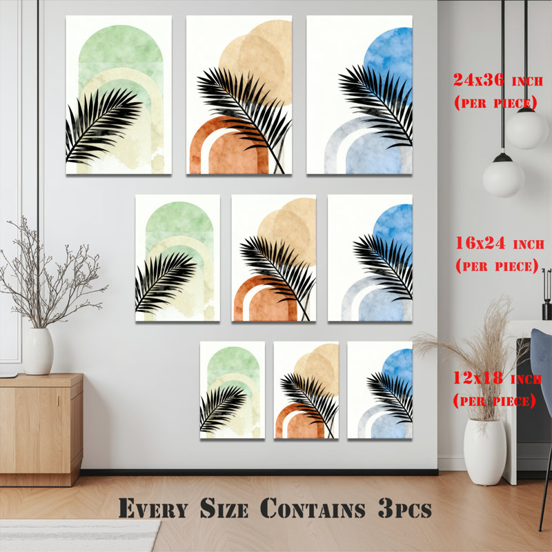 «Tropical Palm Leaf», art mural moderne sur toile tendue à l'aquarelle abstraite (ensemble de 3), H 18 po x l 36 po
