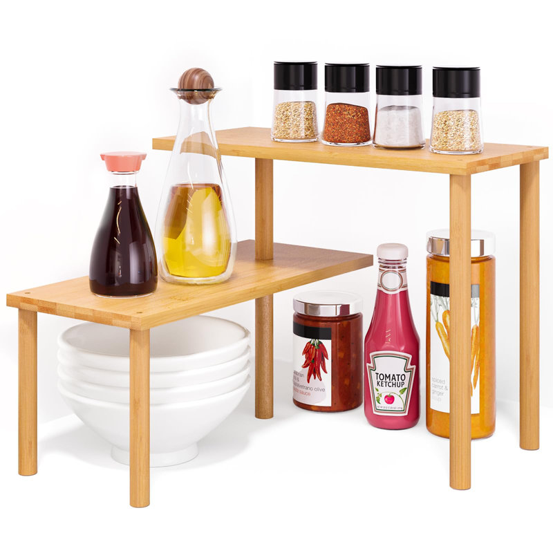 2 Tier Bamboo Corner Shelf, Cabinet Organizer Shelves For Countertop, Adjustable And Moveable Spice Rack For Kitchen,Bathroom,Coffee Area