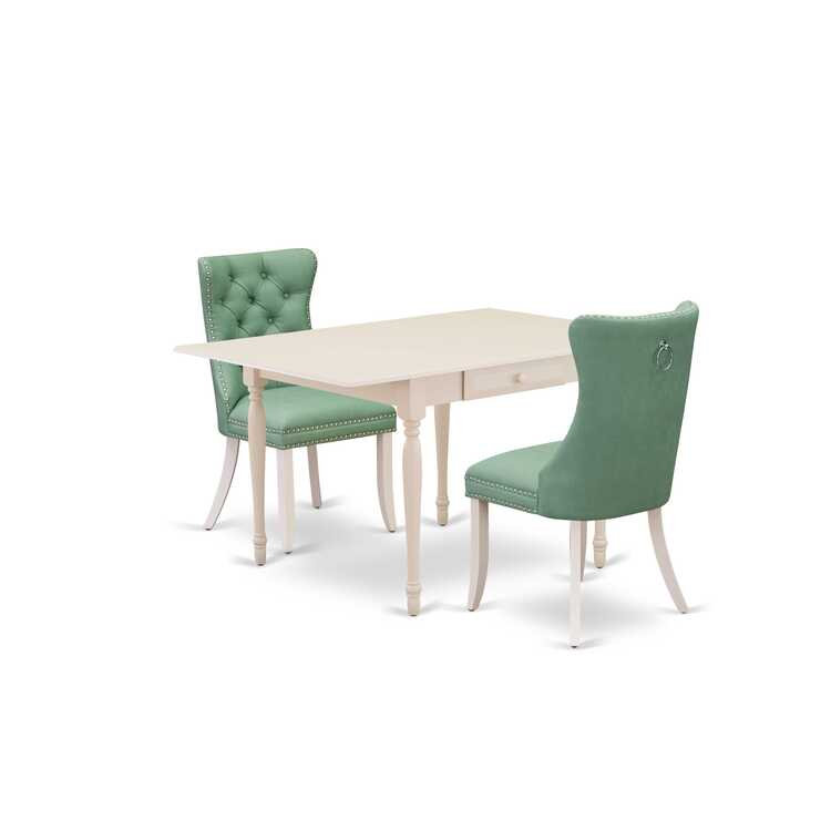 3-Piece Mahogany Finish Rectangular Solid Wood Top with Dropleaf Dining Table Set, Linen White, Green