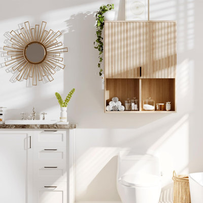 Wall Mounted Bathroom Storage Cabinet, Fluted Modern Medicine Cabinet with Open Storage Compartments and Adjustable Shelf for Kitchen Living Room