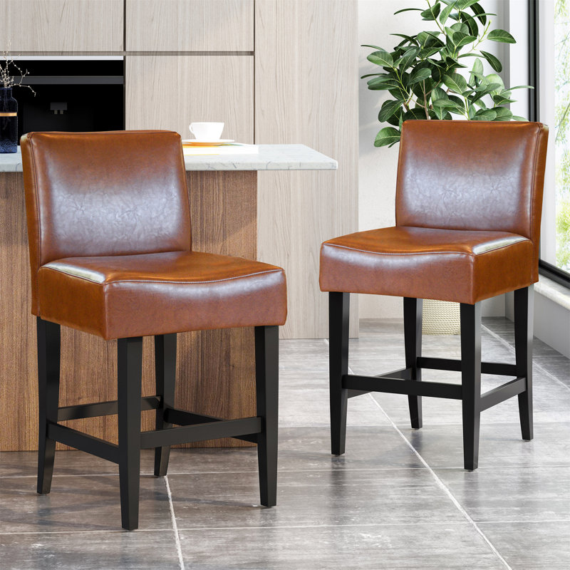 Heiki Versatile Leather Counter Stools with Sturdy Wood Legs, Ivory