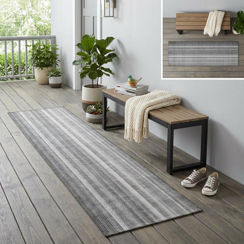 8' Runner Gray Striped Washable Non Skid Indoor Outdoor Runner Rug