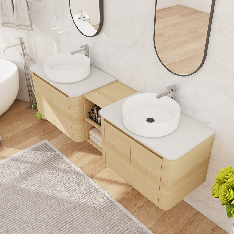 Meuble-lavabo double 72 po avec lavabo en céramique et meuble-lavabo mural 72 po, Beige, 71"