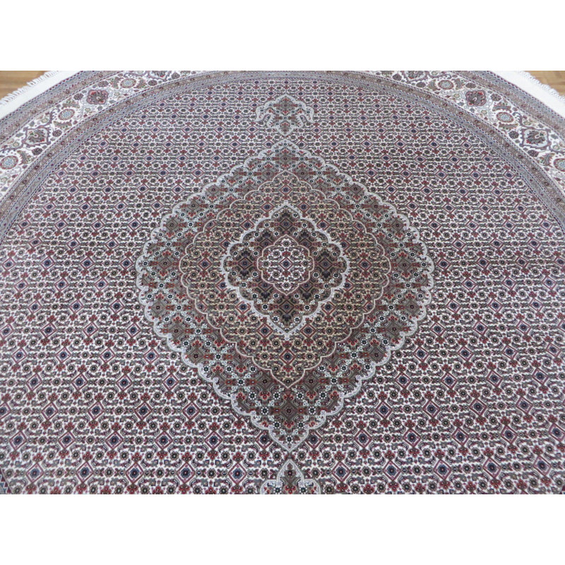 Tapis en soie rond 8 pi noué la ivoire/gris 8 pi one-of-kind Beaton
