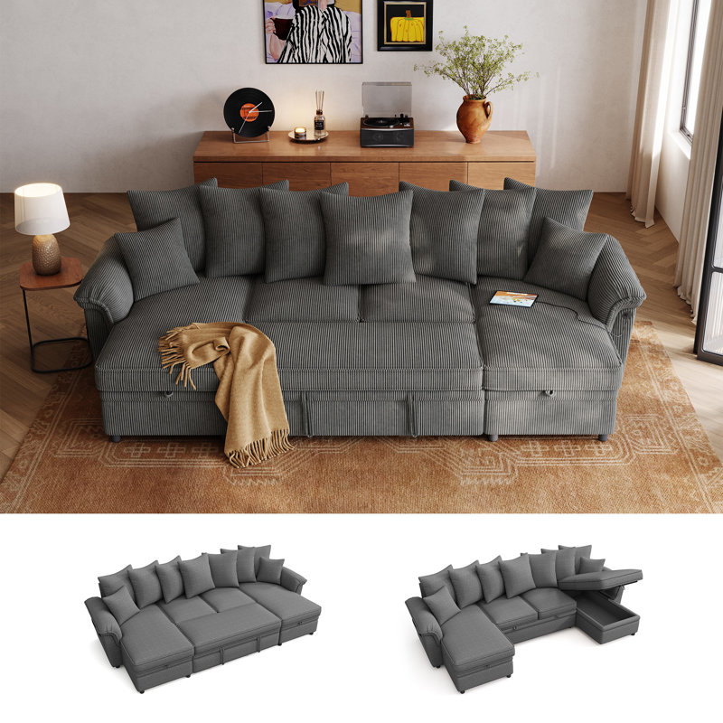  Felipe 118'' Upholstered U-Shaped Modular Sectional with Storage Chaise, Pull-out Sofa Bed, USB Charging & 9 Pillows