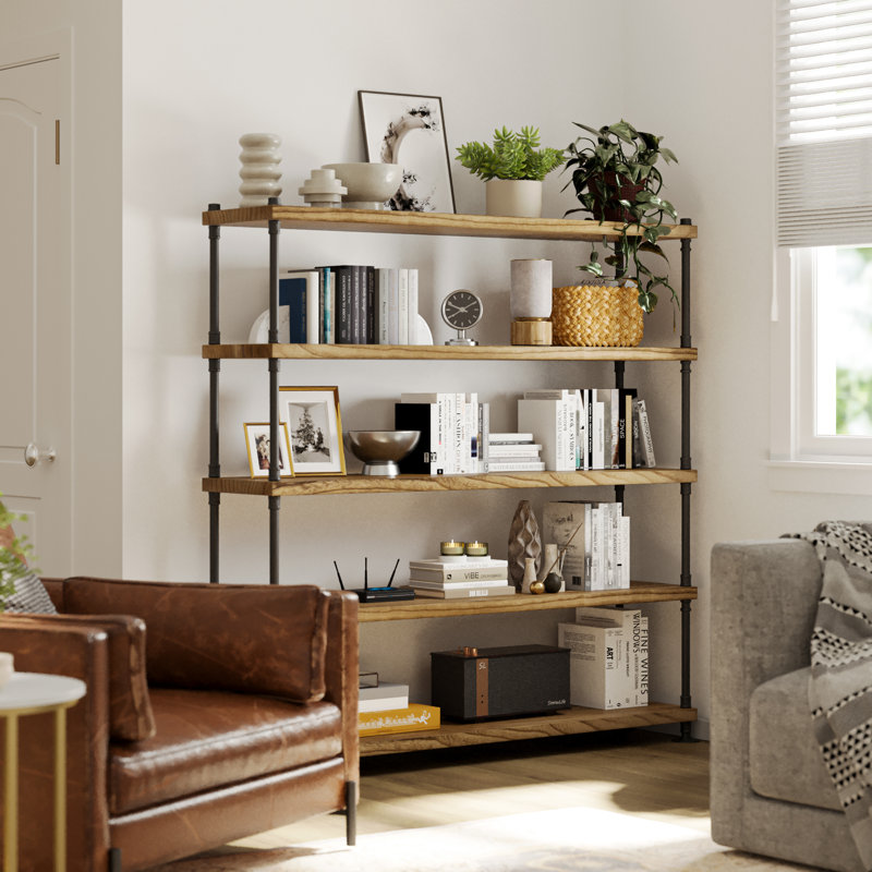 60" X 14" Hanging Pipe Bracket Bookcase, Bookshelf For Living Room, Farmhouse & Boho Decor, 1.5" Ultra Thick Real Wood Boards, 5 Tier, Burnt