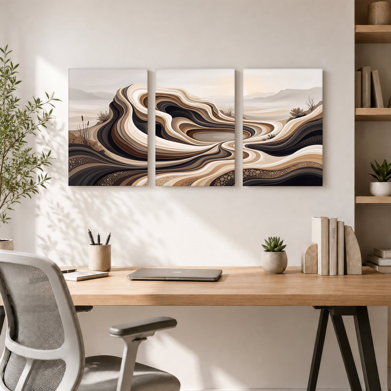 Abstrait dunes de sable ondulées dans un ton de terre discret, ensemble de 3 toiles, 30"H x 20"W x 3pcs