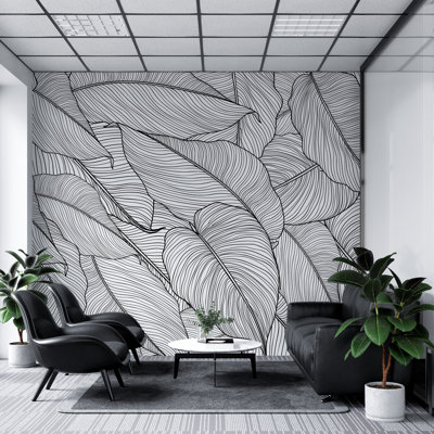 Flortlias Peel And Stick Watercolor Large Tropical Leaves Wall Mural, Leather Textured Vinyl Self-Adhesive Wallpaper For Bedroom Living Room Accent Wall Decor, White Background, 92''x125