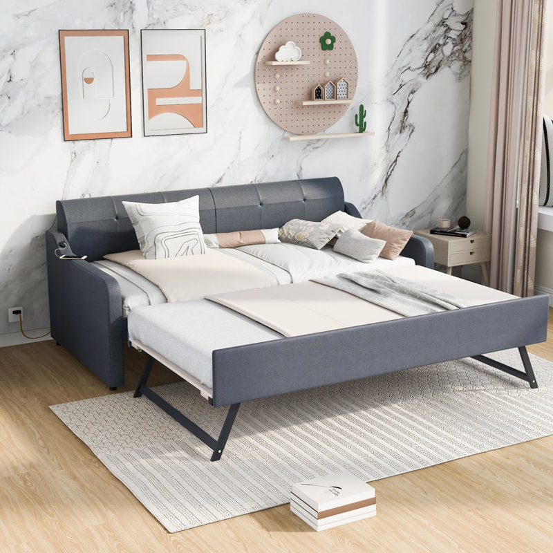 Upholstery Daybed With Trundle And USB Charging Design, Gray