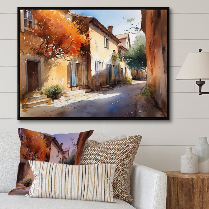 Jaegar, village méditerranéen, rue III, sur toile, H 16 po x l 32 po x P 1 po, Cadre flottant noir